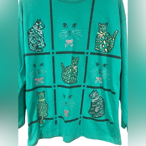 Vintage Cat T Shirt 90s Long Sleeved Emerald Green Cat Graphic Size Medium - Picture 2 of 5
